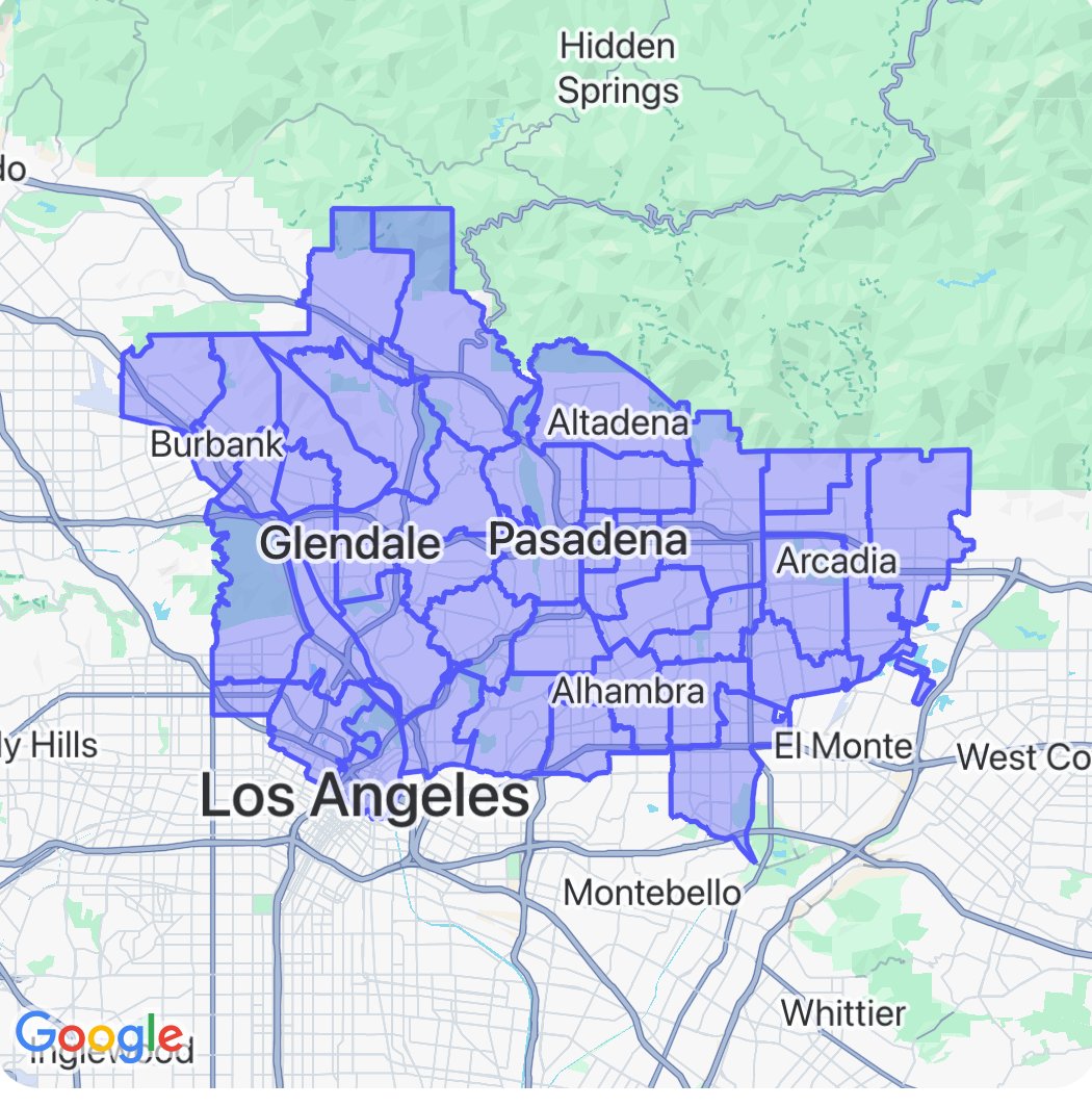 Map of Lyndsay's cat-sitting service area across Glendale, Pasadena, and the western San Gabriel Valley